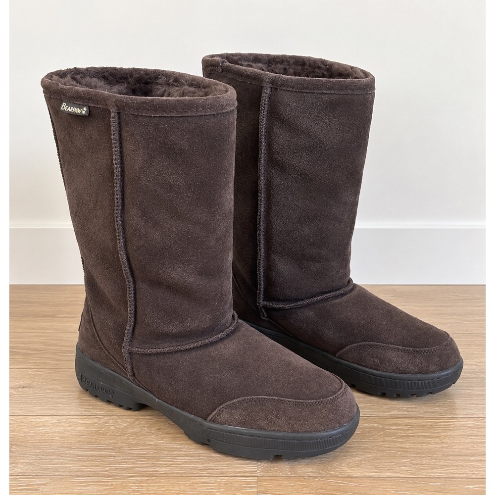 Bearpaw Women Chocolate Brown Suede Faux Fur Lined Mid Calf Winter Boots Size 8